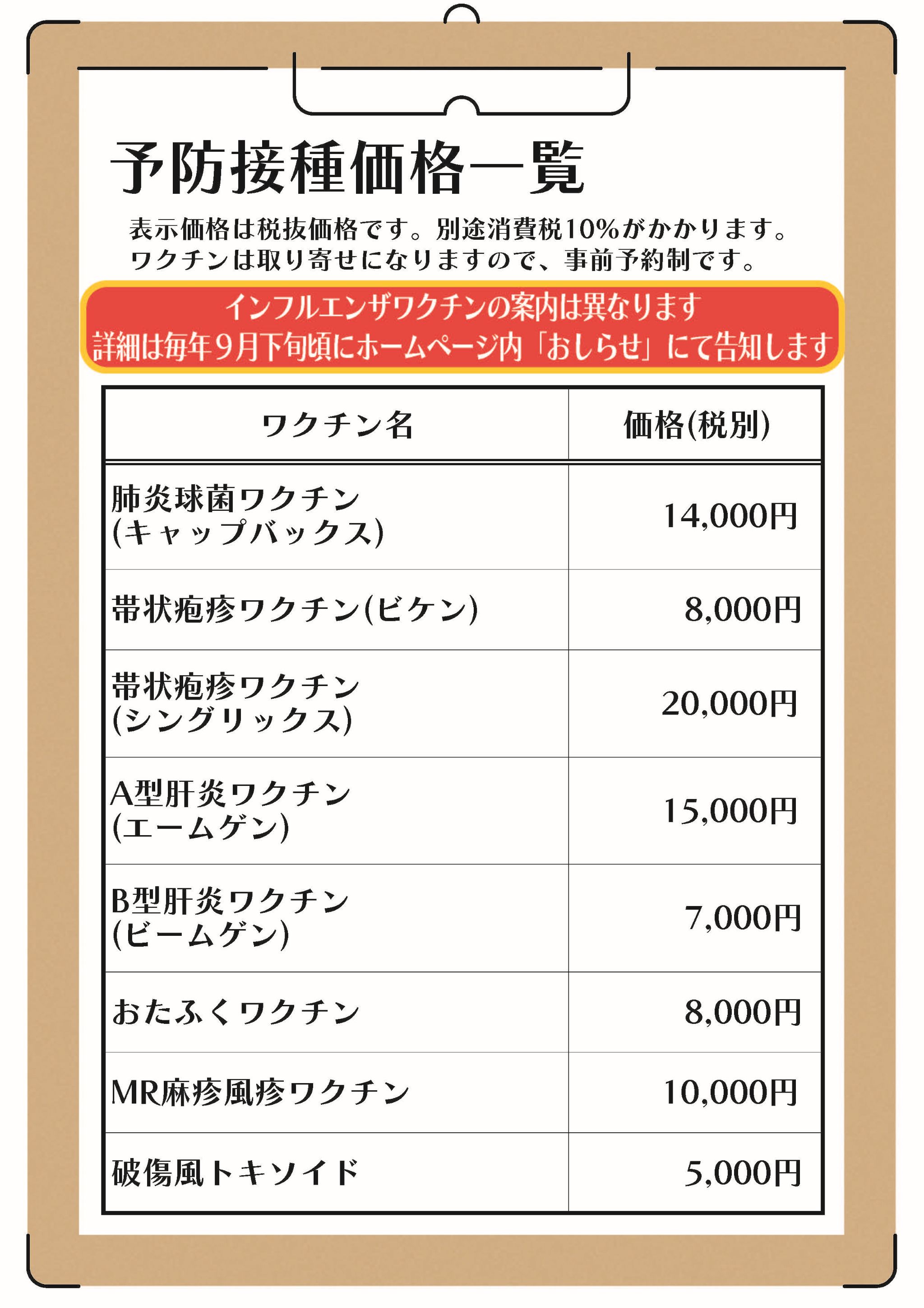 予防接種価格一覧